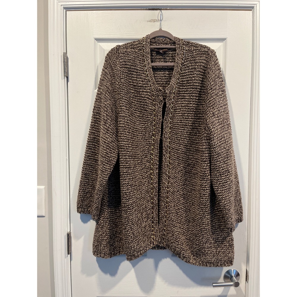Dana Buchman Woman 2X Brown Marled Knit Cardigan Gold Chain Trim Open Sweater